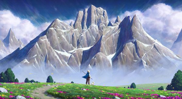 digital art,artwork,illustration,landscape,mountains,field