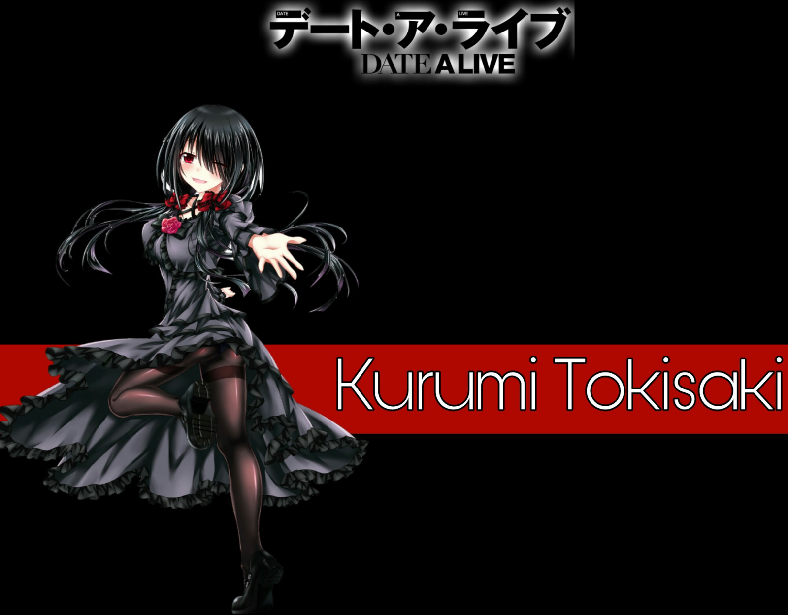 Tokisaki Kurumi, Date A Live, yksinkertainen, musta mekko, punaiset silmät, mustat hiukset