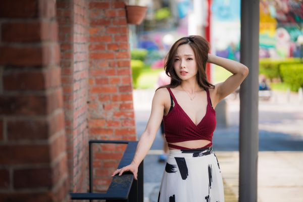 Asian,model,depth of field,brunette,long hair,red tops