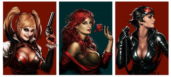 illustration,DC Comics,Homme chauve-souris,Catwoman,Harley Quinn,des bandes dessinées