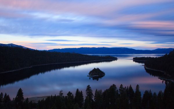 landskab, Skov, solnedgang, hav, sø, Bugt