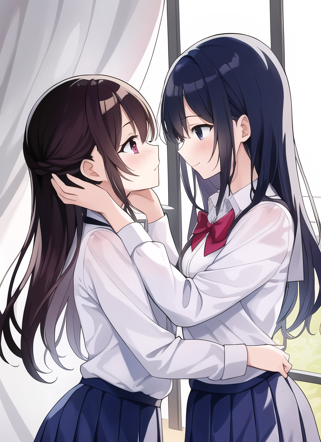 Anime, Anime cô gái, Ký tự gốc, Pixiv, tóc dài, tóc đen, two women, Yuri, Nữ sinh, đồng phục học sinh, Tác phẩm nghệ thuật, nghệ thuật số