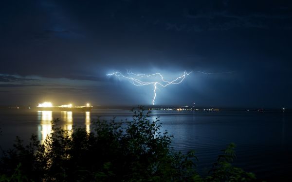 bomen, schip, zee, landschap, lichten, nacht