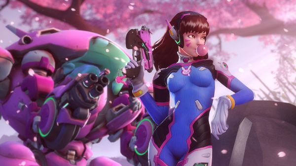 cheveux longs,D Va Overwatch,Surmarché,Gomme à bulles,Mechs,En détournant les yeux