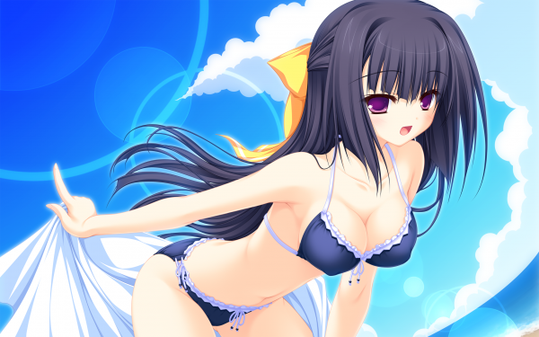 Minase Yukari,Lunaris Filia,bikini,sfaldamento,occhi viola,spiaggia