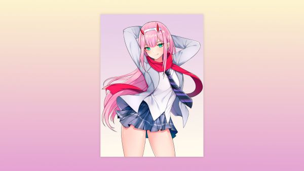 schooluniform,Zero Two Darling in the FranXX,hoorns,schoolmeisje,roze haar,minimalisme