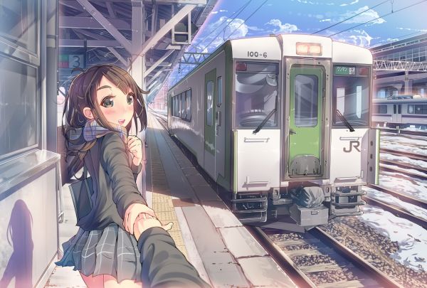 Anime, Anime girls, tren, tren istasyonu, Araç, Resim