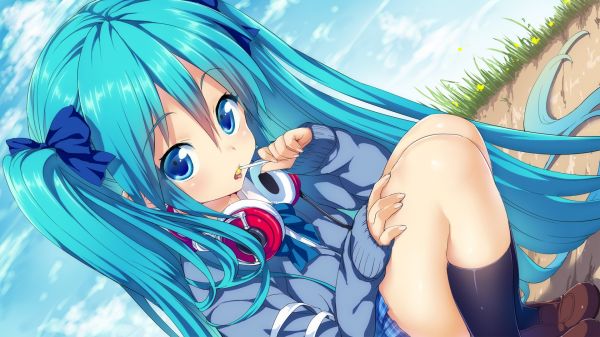 long hair, anime girls, blue hair, blue eyes, illustration, anime