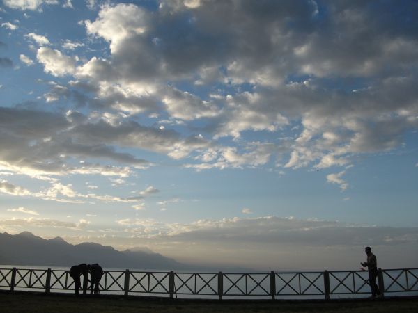 sinar matahari, matahari terbenam, laut, awan-awan, langit, kayu