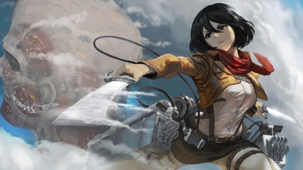 Shingeki ingen Kyojin,Mikasa Ackerman,Bertolt Hoover,svärd,scarf,svart hår