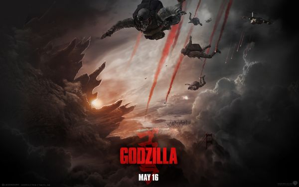 Godzilla,movie poster,sky diving