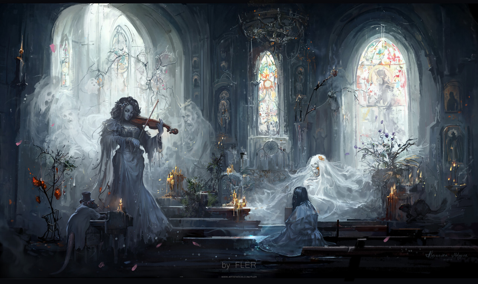 artwork, fantasy art, digital art, women, ghost, music, violin, musical instrument, fantasy girl