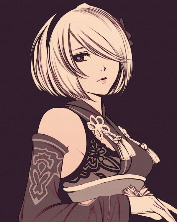 anime jenter,2B Nier automata,Nier Automata,monokrom,mole under mouth,video spillet jenter