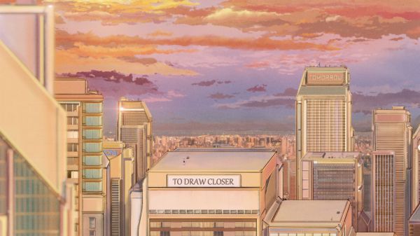 建物,デジタルアート,anime city,シティ,sunset glow,日没