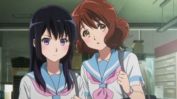 Euphonium hibike,Oumae Kumiko,Kousaka Reina,cabelo longo,cabelo azul,cabelo curto