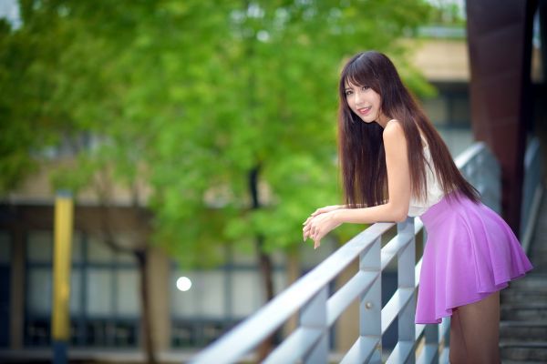 vrouw, brunette, bomen, model-, scherptediepte, lang haar