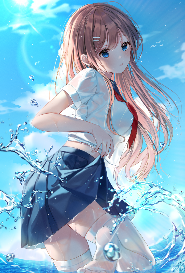 anime,anime girls,blue eyes,brunette,long hair,anime sky