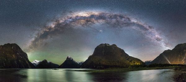 peisaj,2048x904 px,fiord,galaxie,expunere lungă,Milford Sound