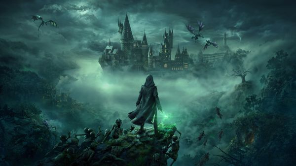 fantasy art,skeleton,Hogwarts Legacy,castle,mist,dark