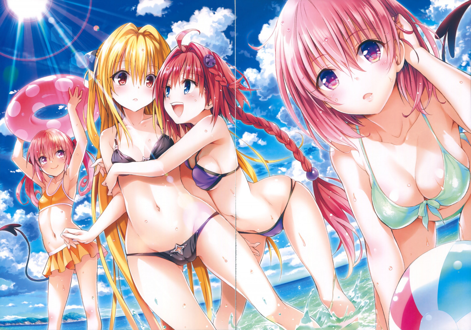 Anime, Anime girls, kuyruk, Aşk ru, Momo Velia Deviluke, Nana Asta Deviluke, Altın Karanlık, karikatür, Bölünme, ıslak, bikini, Deve kuşu, Giyim, Underboob, Ru Karanlığı Sevmek İçin, Kurosaki Mea, Mangaka