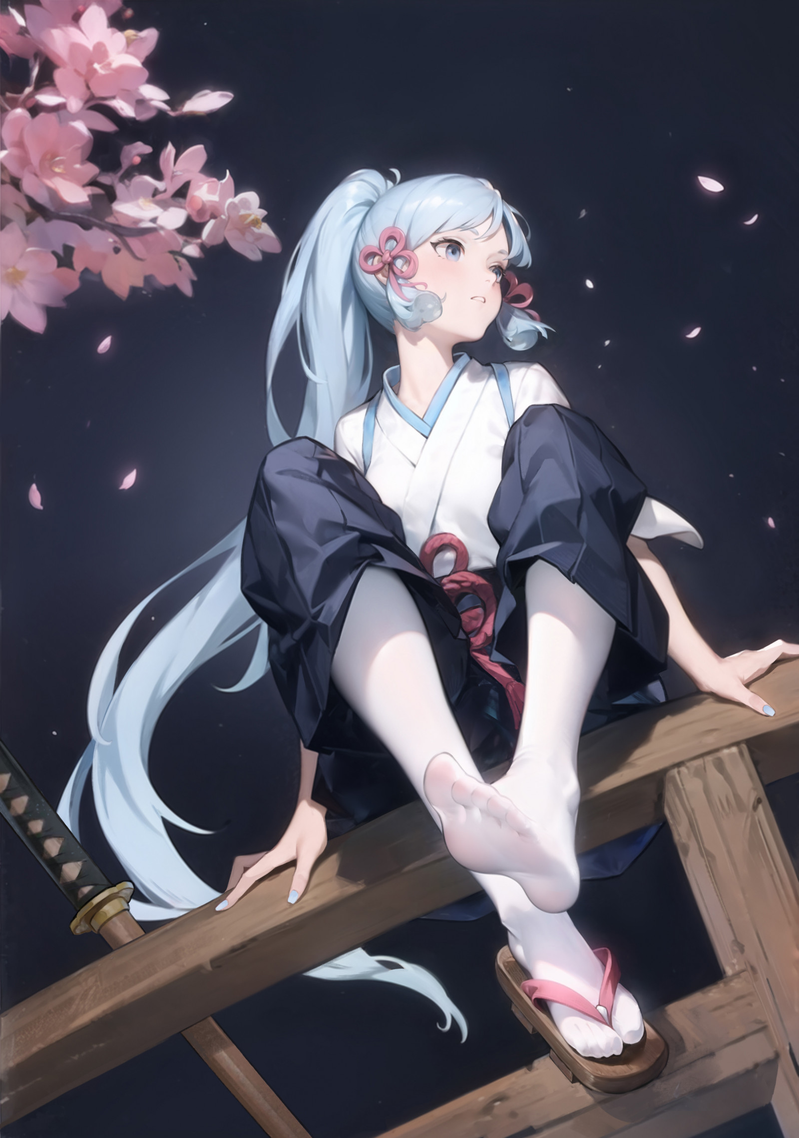 Huanglongen, アニメの女の子, 垂直, Genshin Impact, Kamisato Ayaka Genshin Impact, 遠望する, ローアングル, light blue hair, アクアアイ, 桜の花, 花弁, フラワーズ, white pantyhose, 武器, カタナ, 着物, ピンクの花, 髪の飾り, 青い爪, フィート, 和服, ポニーテール, 長い髪, パンスト, 座っている, 剣, 灰色の背景, 単純な背景, つま先, ミニマリズム, サンダル, ワームの視点, 赤面