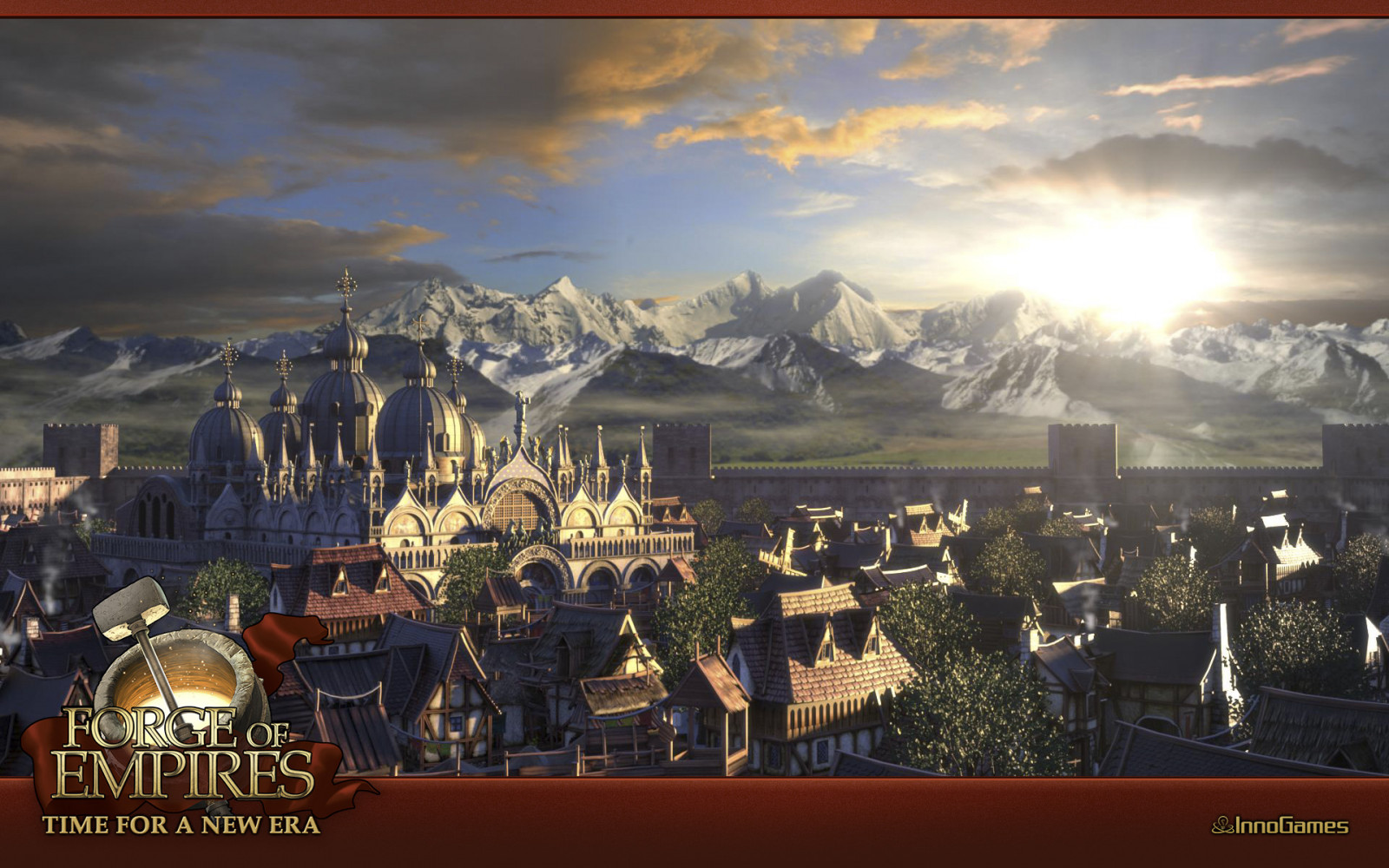 Video game, Game online, Forge of Empires, Cityscape, Katedral, rumah, Matahari, pegunungan, awan-awan, sinar matahari