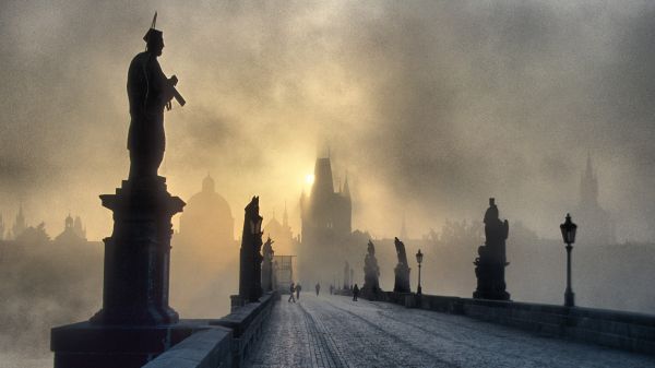 sera,nebbia,ponte,tempio,mattina,statua