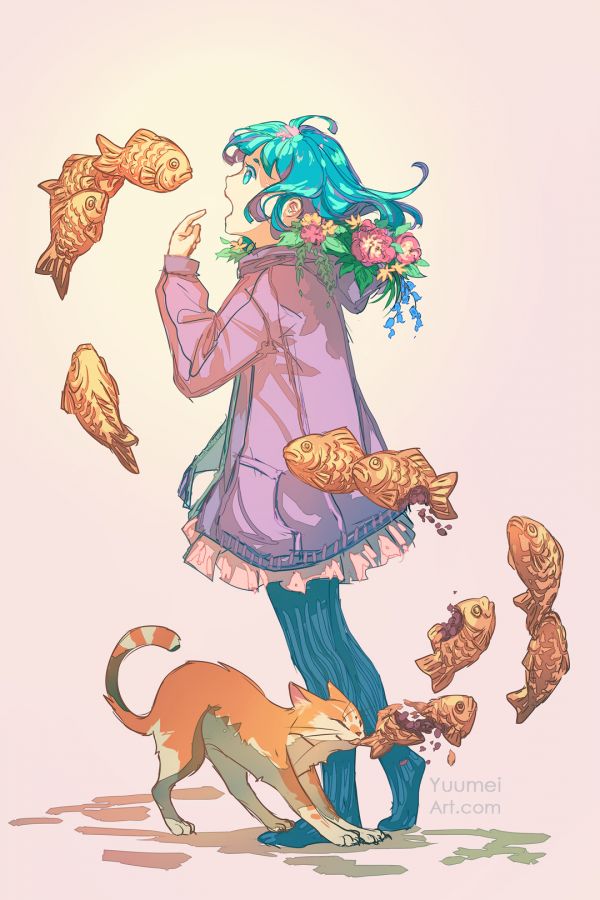 original characters,anime girls,Yuumei,fish,cats,animals