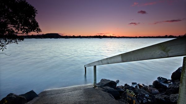 日没,海,湾,日光,風景,ボート