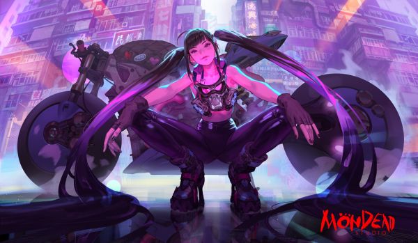 anime girls,visualizzazione verticale,personaggi originali,futuristico,cyberpunk