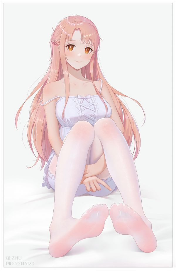 Бяла рокля,Yuuki Asuna Sword Art Online,Sword Art Online Ordinal Scale,one bare shoulder,white pantyhose,foot sole