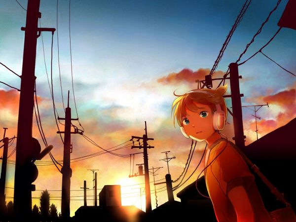 1500x1125 px, anime boys, headphones, Kagamine Len, power lines, silhouette