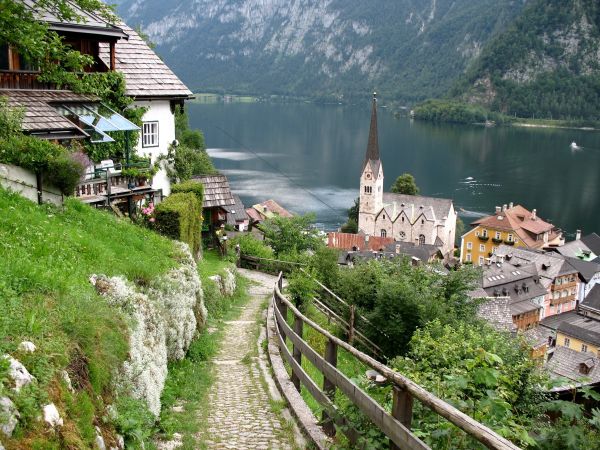 Austria,lake,mountains,home,structures