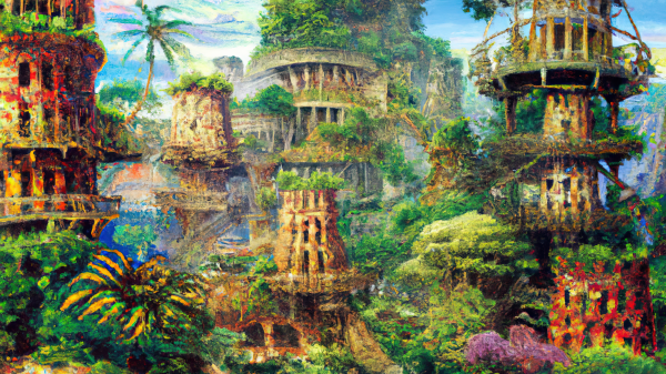 ai art,AI painting,la pittura,Fantasy art,Hanging Gardens of Babylon,città antica