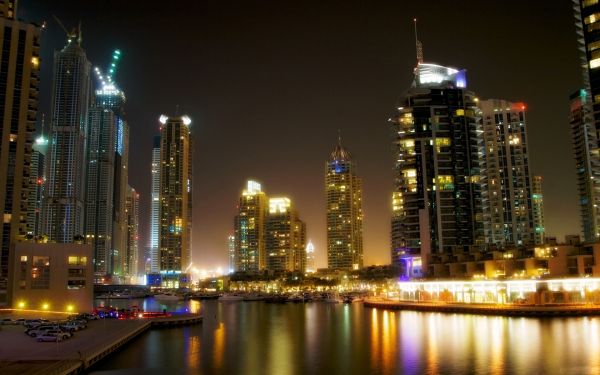 Dubai,zee,gebouwen,wolkenkrabbers,nacht,strand