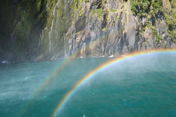 waterfall,sea,water,nature,rainbows,New Zealand