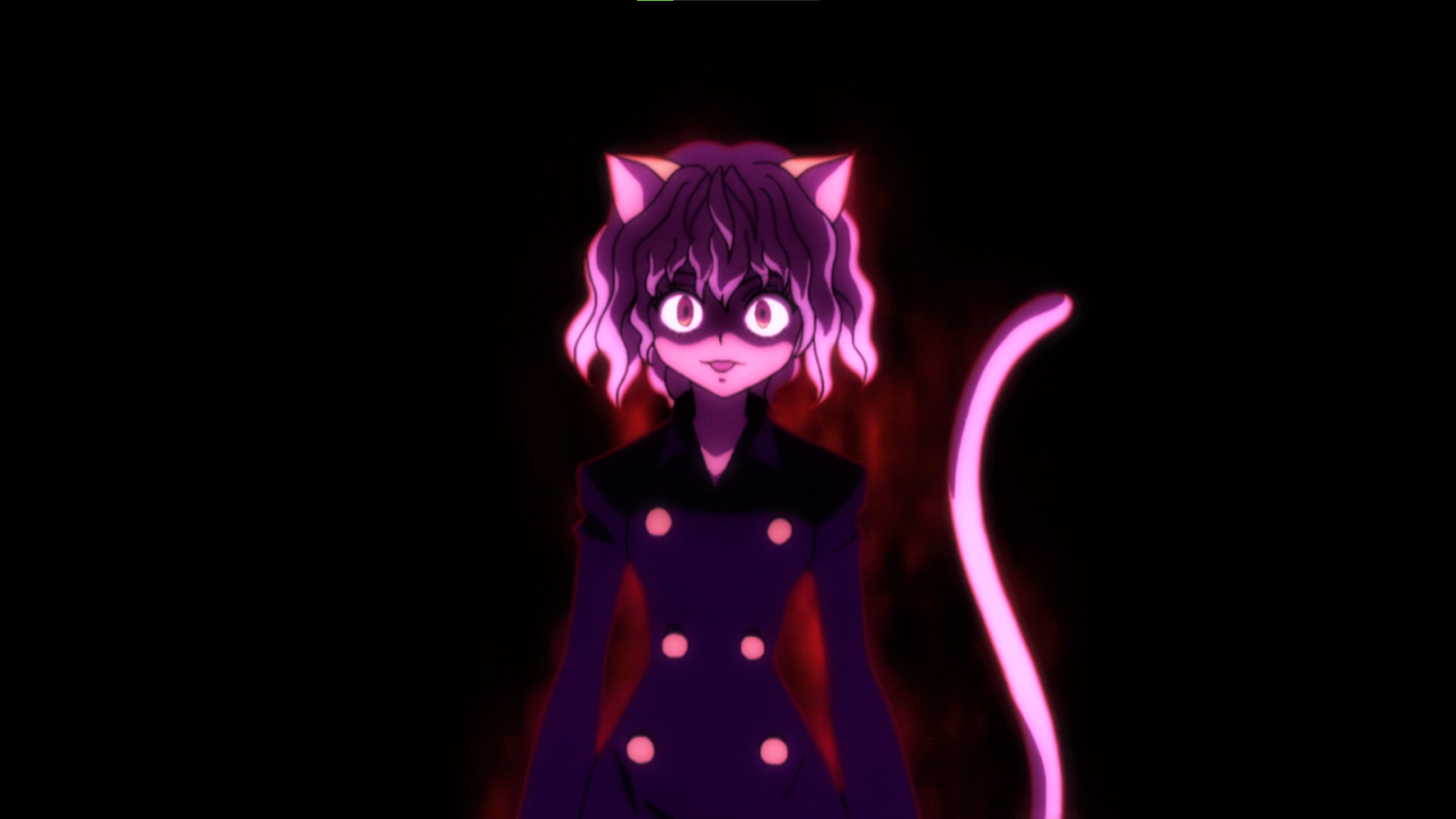 Hunter X Hunter, Neferpitou, kissan korvat, pyrstö, kissa tyttö, yksinkertaista taustaa, hohtavat silmät, vaaleanpunainen silmät, valkoiset hiukset, anime, Anime screenshot, anime tytöt, tongue out, mustalla taustalla, minimalismia, kissa häntää, katsot katsojaa