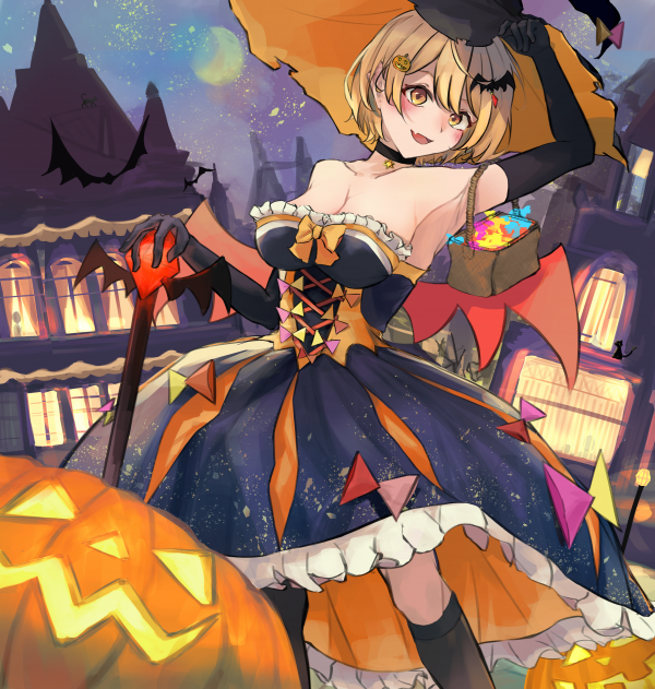 animeflickor,Hololive,Yozora Mel,Halloween,pumpa,witch hat