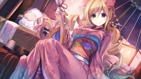 blond, cheveux longs, Anime, Filles anime, fleurs, Mahou Shoujo Madoka Magica