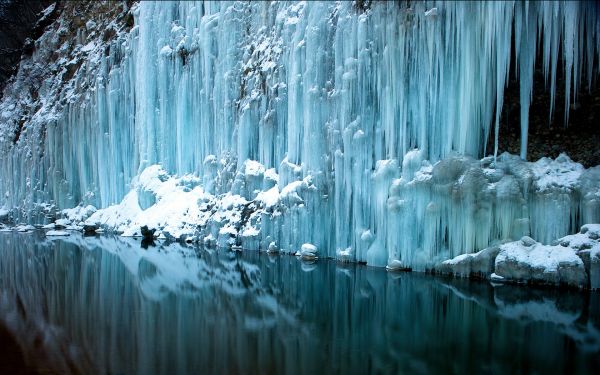 cascada, agua, reflexión, nieve, invierno, hielo