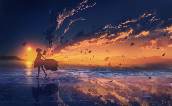 Filles anime,ouvrages d'art,anime sky,ciel,le coucher du soleil,mer