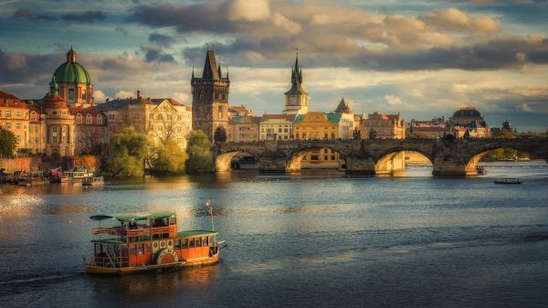 Praga,ponte,Repubblica Ceca,fiume,paesaggio urbano,veicolo