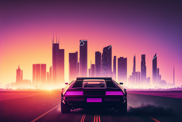 auto sportiva,ai art,synthwave,città,orizzonte