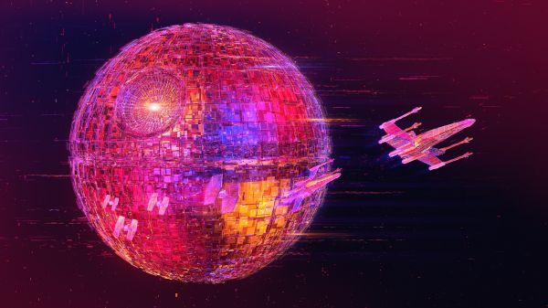 Star Wars, digitale kunst, Dode ster, X-wing, TIE Fighter, neon-