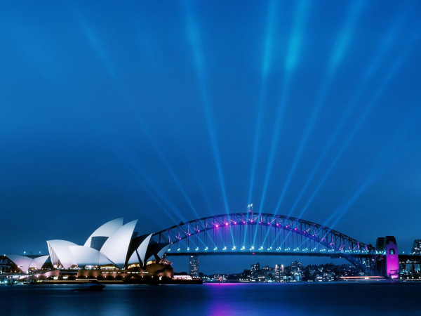 bridge,Australia,Sydney Opera House,lights,city