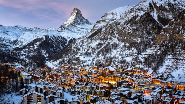 paesaggio, luci, montagne, città, architettura, la neve