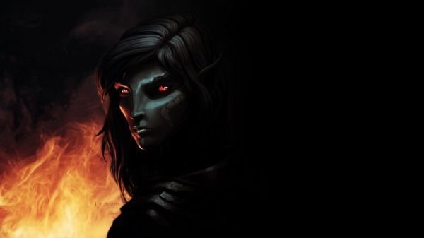 fantasy art,dark,fire,red eyes,The Elder Scrolls V Skyrim,elves