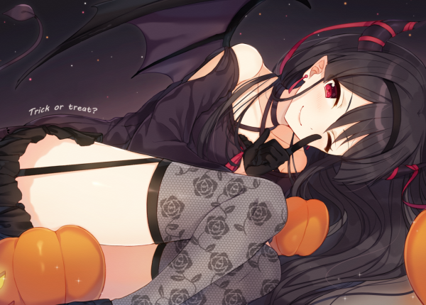 black hair,Halloween,horns,demon,garter belt,pumpkin