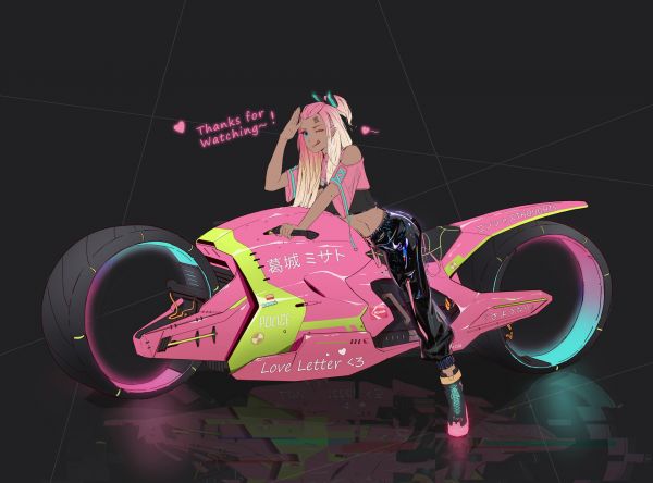 Filles anime,moto,Kawasaki,ArtStation,two tone hair,Yang Boyu