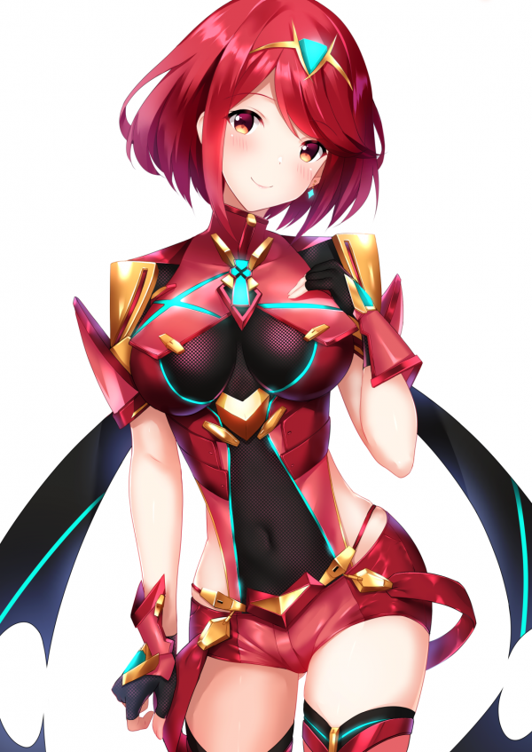 latar belakang putih,tertinggi paha,Homura Xenoblade 2,Xenoblade,Xenoblade kronik 2,merah kemalu-maluan